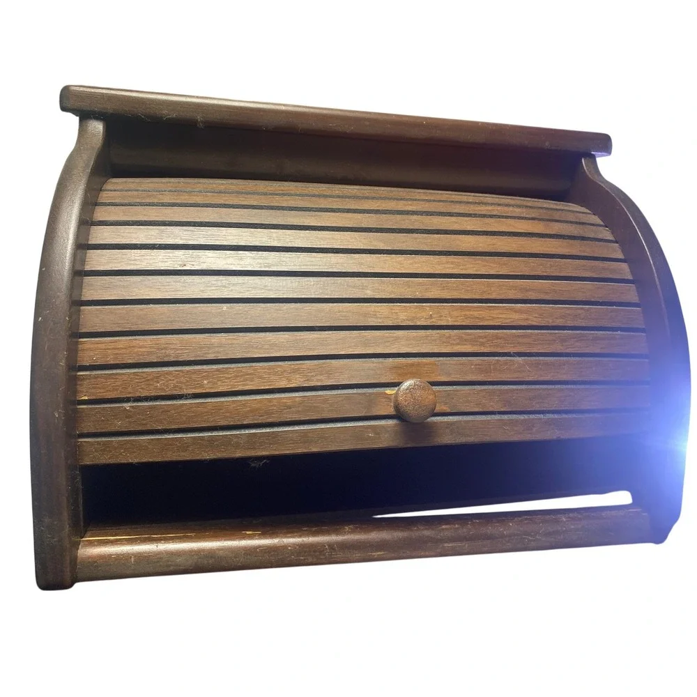 Vintage Wooden Roll Top Bread Box Rustic Brown Farmhouse Kitchen Storage